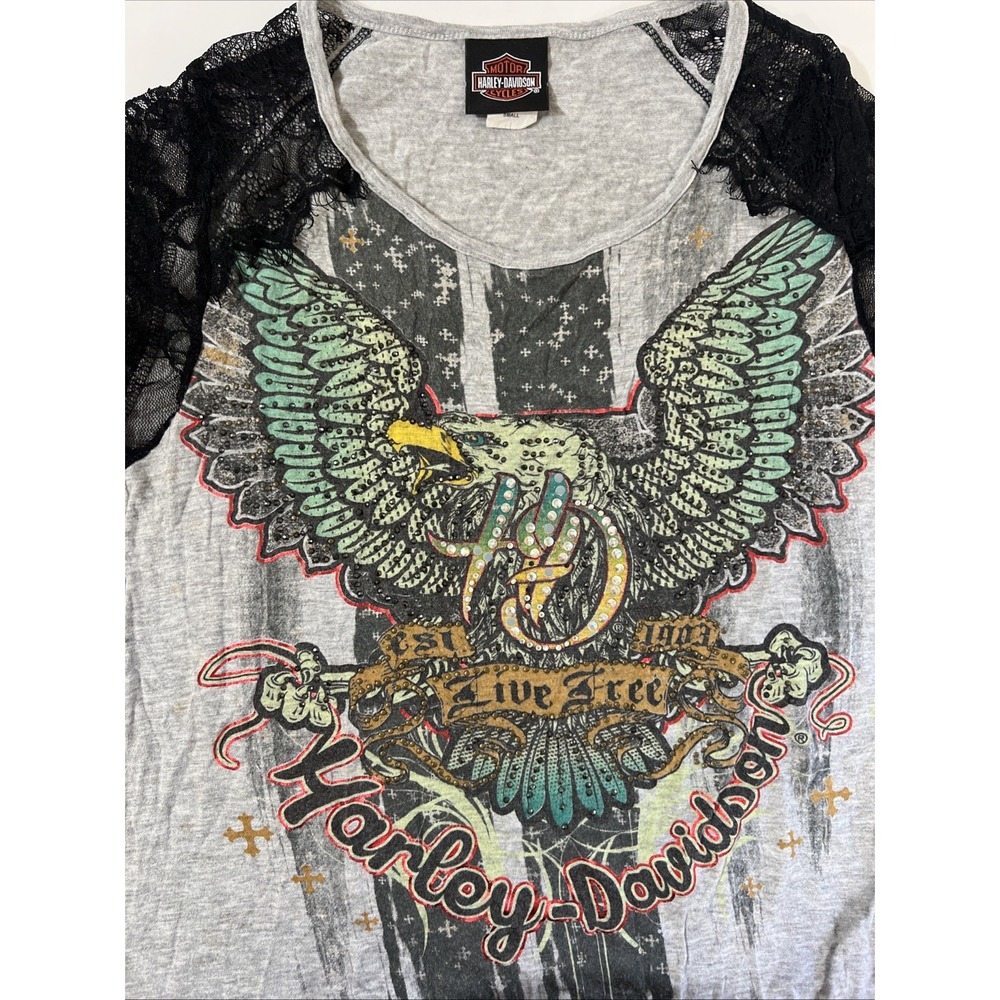 Harley Davidson‎ Motorcycle Womens Size Small  Top Black Lace Eagle Rhinestones